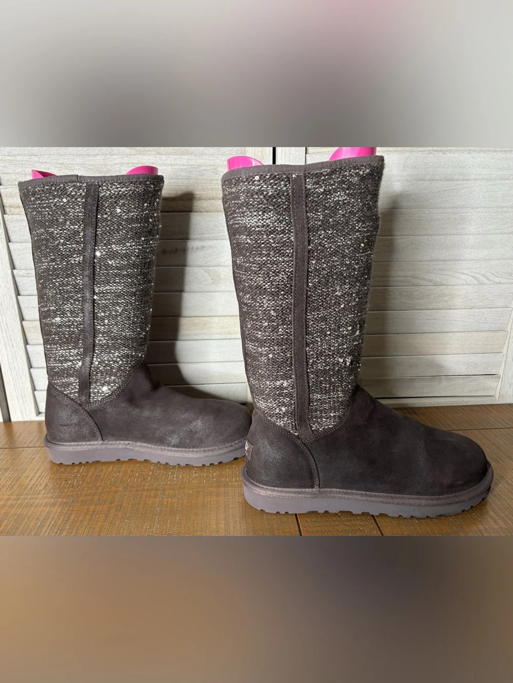 UGG Australia Camaya Tall Suede Sequin Knit Sweater Boots Gray Size 8